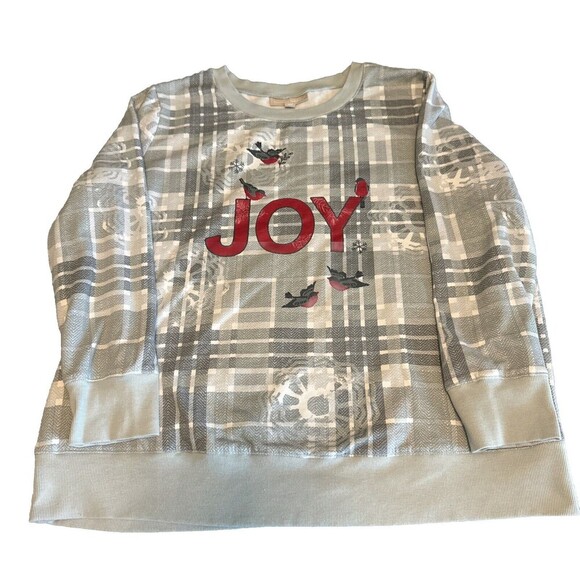 Woman Within GRAY Plaid JOY Snowflake Bird Christmas Sweatshirt SZ M (14-16) - Picture 1 of 5